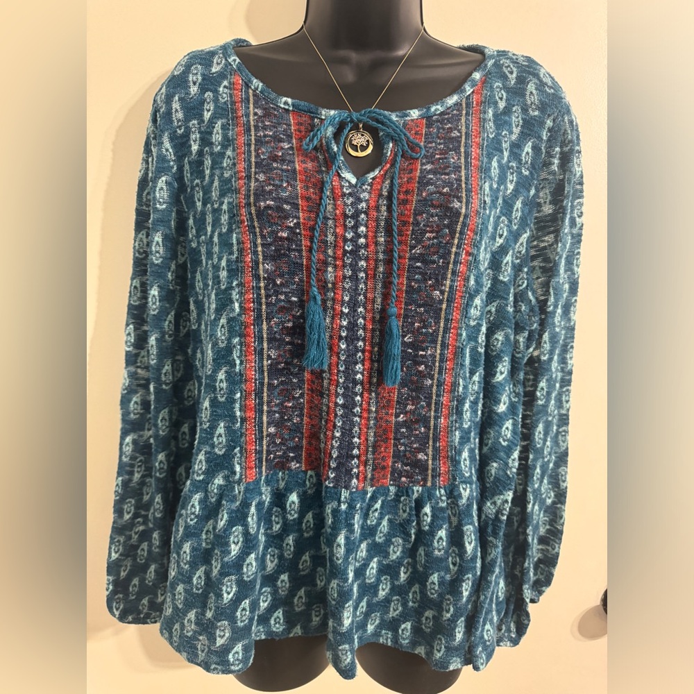 Boho Teal Paisley Knit Top - XL